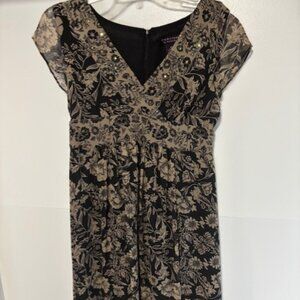Signature Robbie Bee 8P Black Brown Floral Dress V Neck Sequin Silk Classic Chic